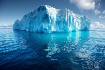 An imposing iceberg casting its reflection upon the ocean, under a clear blue sky, conveying the vastness of nature