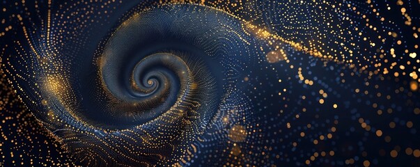 Data golden points swirling in spiral on dark blue background, Abstract futuristic background limitless possibilities and horizons of IT technology in the future