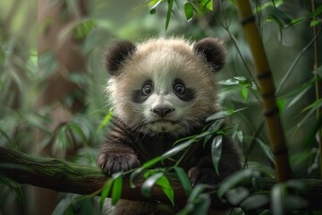 Close-up of an endearing baby panda sitting amidst bamboo leaves, capturing a moment of innocence...