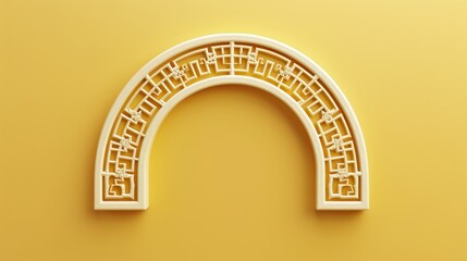 On a yellow background, a 3D Chinese semicircle window tracery can be seen