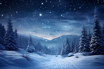 Winter wonderland scene with snow covered trees and a full moon - obrazy, fototapety, plakaty