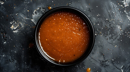 Rich caramel sauce in a black ceramic dish against a textured dark backdrop with vibrant orange splashes. The composition highlights the glossy sheen and smooth consistency - obrazy, fototapety, plakaty
