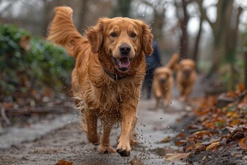 A joyous Golden Retriever captured mid-action as it runs through a muddy pathway, shaking off water