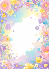 A colorful flowery background with a white frame. The flowers are in various colors and sizes, and they are scattered throughout the frame. Scene is cheerful and vibrant