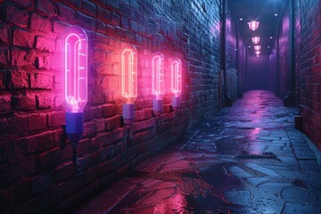 This image showcases a neon-lit passage creating a mysterious yet inviting urban alleyway at night