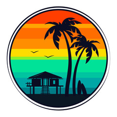 Beach lifeguard station, palm trees and surfboard silhouette against sunset sky, summer vacation concept, vector illustration, logo template, emblem, badge.