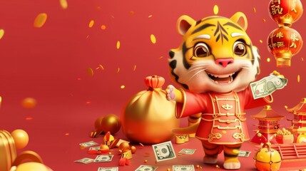 Banner for the Year of the Tiger in 2022. A cute tiger in God of Wealth costume giving away money on Chinese New Year. Blessings and Caishen sending blessings are written in Chinese at the top and