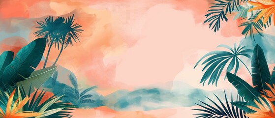 Fototapeta na wymiar Tropical-inspired background tropical palm trees and plants, sun watercolor painting decoration caribbean wallpaper