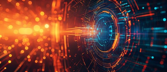 Technological evolution futuristic background with glowing light, dark illuminated circle data defocused