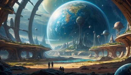 An alien landscape with a vast sky dominated by giant planets, observed by figures on a rocky terrain.. AI Generation