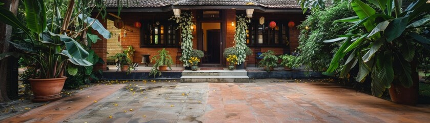 Fototapeta na wymiar A traditional Songkran welcome a home entrance adorned with jasmine garlands