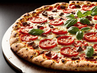 A pizza with various toppings such as tomatoes, mushrooms, and olives on a wooden cutting board.