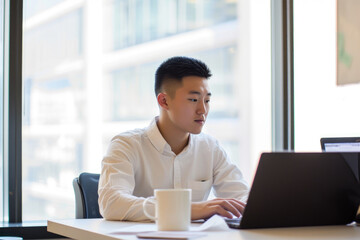 Fototapeta premium Focused Asian Professional in Modern Office Environment