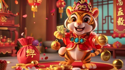 The banner depicts a cute tiger in God of Wealth costume giving out money on Chinese New Year. Blessings and Caishen sending blessings are written in Chinese on the right and left sides.