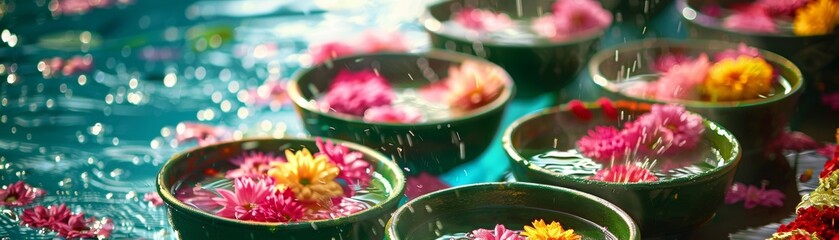A vibrant display of Songkran traditions a scene filled with water bowls and jasmine garlands - obrazy, fototapety, plakaty