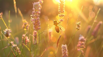 Amidst the swaying grasses, a honey bee hovers above a delicate flower, its iridescent wings shimmering in the warm sunlight. - obrazy, fototapety, plakaty