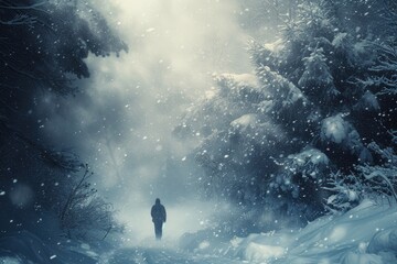 Obraz na płótnie Canvas Surviving the Blizzard: Man Trekking Through Snowy Woods