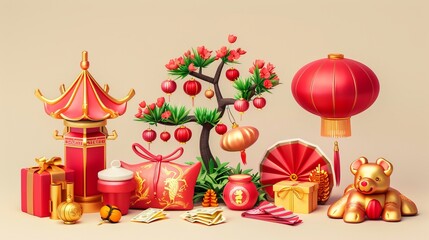 Spring Festival elements in 3D illustration. Lantern, drum, fan, tree, red envelope, gift box, money, and blessing written on lucky bag in Chinese.