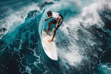 Man Riding Wave on Surfboard - obrazy, fototapety, plakaty