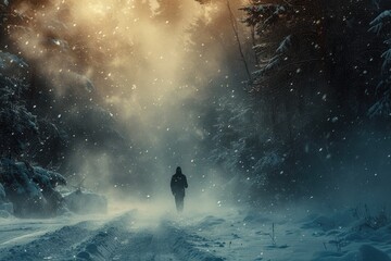 Winter Wilderness: Lone Hiker Braving the Blizzard - obrazy, fototapety, plakaty