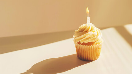 Aesthetic beige cupcake with candle, light background, copy space. Anniversary celebration concept. Generative AI