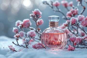 Obraz na płótnie Canvas A luxurious perfume bottle stands amongst frost-covered pink flowers, encapsulating the essence of winter elegance