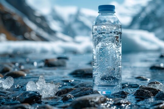 This image depicts a clear plastic water bottle with a blue cap, standing among rocks in a cold mountain river with snowy peaks in the background