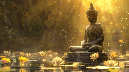 Buddha statue bathed in golden sunlight water and flowers at its base