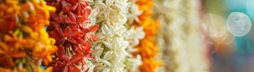 Close-up of jasmine garlands delicately crafted for Songkran symbolizing purity - obrazy, fototapety, plakaty