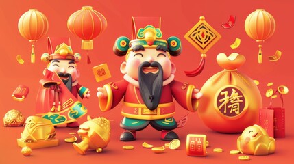 Obraz na płótnie Canvas Graphics pack with Chinese New Year fortunes elements, including gold ingots, coins, lucky bags, and a god of wealth with blessings written on them