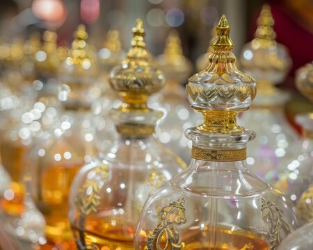 Close-up of traditional Thai perfume in hand-blown glass bottles