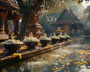 Early morning light casts over a peaceful Songkran setting