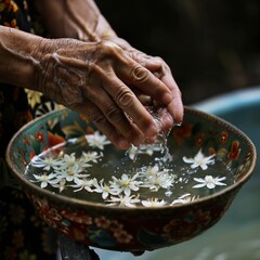 Obraz premium Elderly hands welcoming water from a jasmine adorned bowl