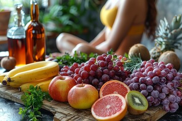 A vivid display of succulent fruits with wine bottles, set against a woman enjoying a peaceful moment - obrazy, fototapety, plakaty