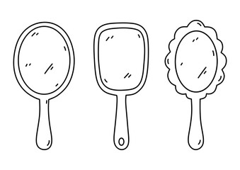 Set of hand mirrors isolated on a white background. Vector hand-drawn illustration in doodle style. Perfect for cards, decorations, logo, various designs.