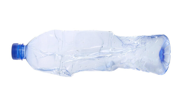 Blue plastic bottle crumpled, isolated on white, clipping path	