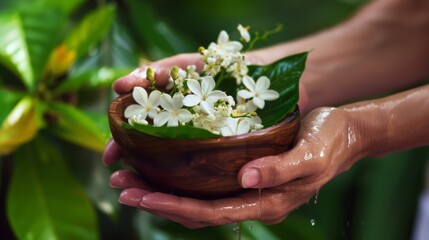 Hands clasping a jasmine garland with a wooden bowl of water for Songkran