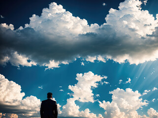 A man standing in the middle of a field with a cloudy sky in the background.