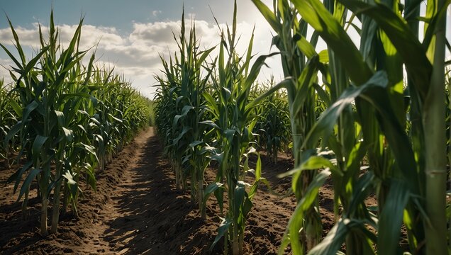 Rows of lush green cornstalks stretching towards the sky, their tassels dancing in the breeze Generative AI