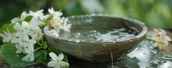 Morning dew on a jasmine garland next to a filled water bowl