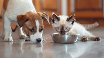 A Puppy and a Kitten Sharing