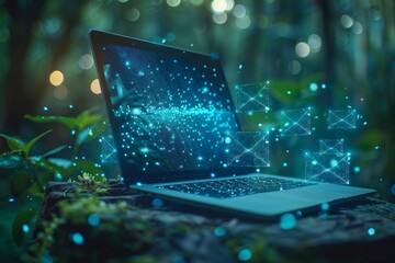 A mystic image showing a laptop with sparkling particles resembling stars floating in a dense forest setting