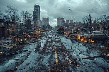 A haunting vision of a post-apocalyptic cityscape strewn with wreckage, flames, and abandoned cars sparking fear and desolation - obrazy, fototapety, plakaty