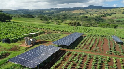 Solar panels line the fields, powering irrigation pumps and farm equipment, showcasing sustainable energy solutions for agriculture in remote areas.