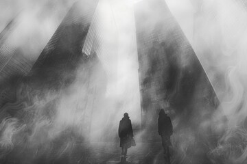 Lost in a sea of gray: Businessmen struggle through thick fog in a deserted cityscape, depicting the isolation and hardships faced in the pursuit of wealth. - obrazy, fototapety, plakaty