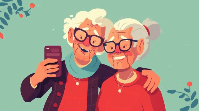 Taking a selfie with her spouse. Illustration of elderly woman using a smartphone for self-portraits.