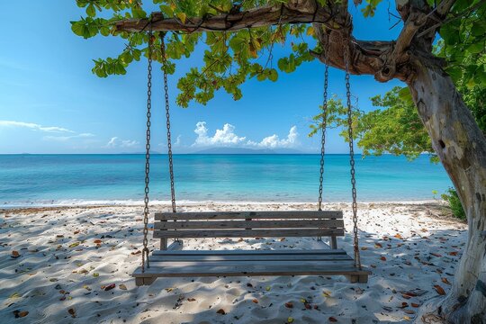 Serene scene with a wooden swing hanging from a robust tree branch on a pristine beach with clear skies