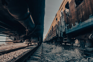 damaged and burnt trains in Ukraine