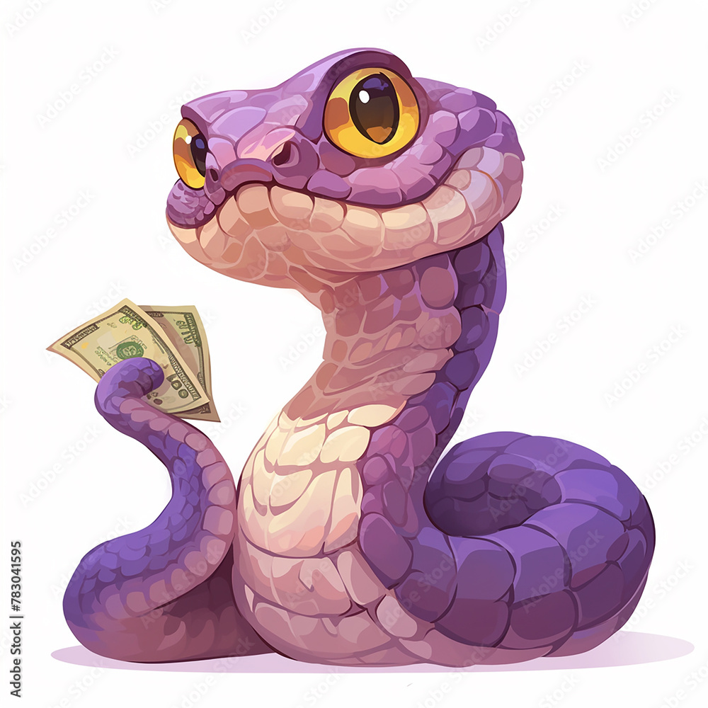 Poster 2025 cartoon snake holding a $20 bill. the snake is purple and has yellow eyes. the image has a play