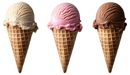 Three scoops of ice cream in waffle cones with a transparent background